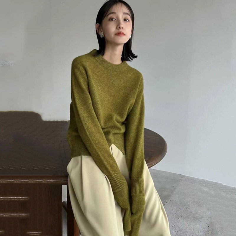 CL**E松本惠奈羊毛毛衣女纯色秋冬圆领修身套头加长袖保暖针织衫