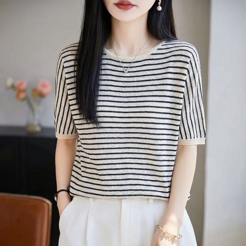 天丝短袖条纹针织衫女夏薄款圆领短袖宽松t恤蝙蝠袖上衣女装