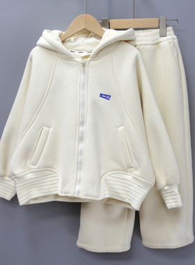 Y安系列120冬品牌童装折扣/加绒外套+长裤运动套装35669奶白