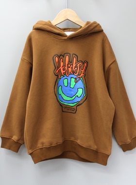 S-OO*KO家130/140秋冬童装品牌折扣/儿童拉绒套头帽衫卫衣11202咖