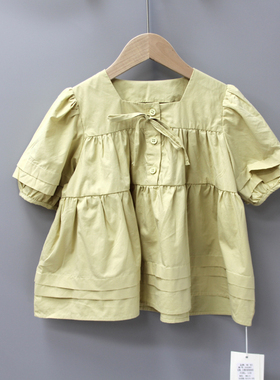V-MI*KO家110-140夏品牌童装折扣/儿童薄双层简约短袖娃衫6087绿