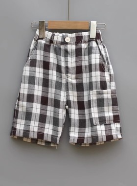 福利J安系列120夏装 品牌童装折扣/儿童纯棉休闲格子中裤23611咖