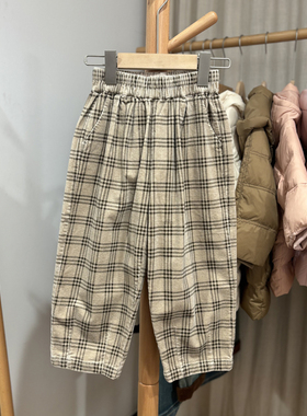 J-Y家110-150春秋 品牌童装折扣/儿童休闲格子长裤37248杏