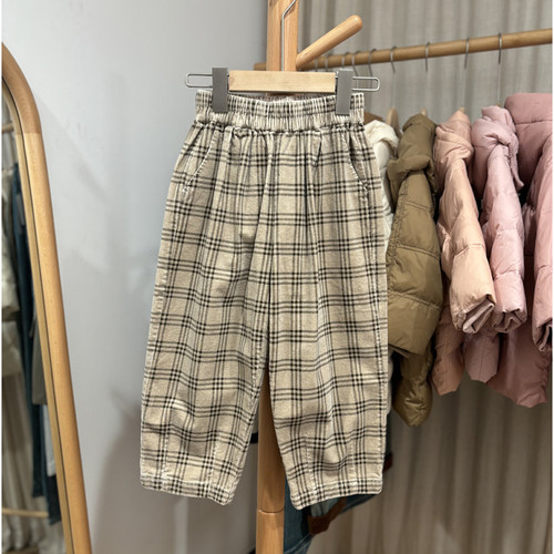 J-Y家140/150春秋 品牌童装折扣/儿童休闲格子长裤37248杏