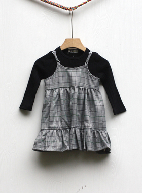 S爱系列80-120秋装 品牌童装折扣/童长袖T恤+吊带裙套装81015黑