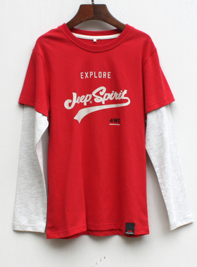 吉系列160秋装 品牌折扣童装/儿童纯棉假两件长袖T恤52099红