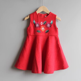 L欧ka星95-130秋冬* 品牌童装折扣/童呢子背心绣花裙休闲27532红