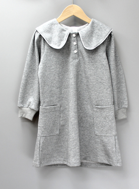 YK南gua田120/130春秋 品牌童装折扣/纯色翻领长袖连衣裙32609灰