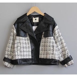 T芙系列120/130秋冬Ⅱ品牌童装折扣/儿童休闲上衣拼接皮衣83015黑