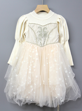 安系列80秋冬 品牌童装/童毛线中厚纱纱公主连衣裙30866奶白