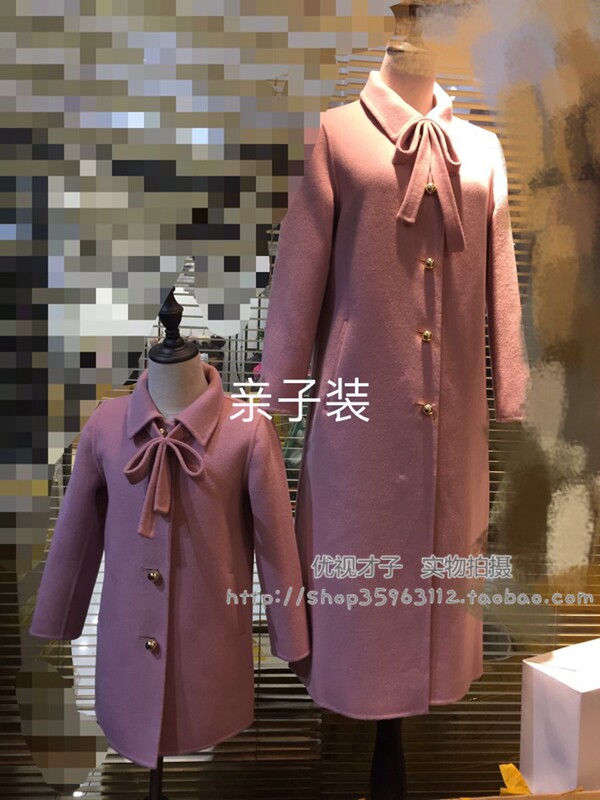 韩版高端定制 领口蝴蝶结可脱卸 双面羊毛中长款优雅高贵呢大衣女