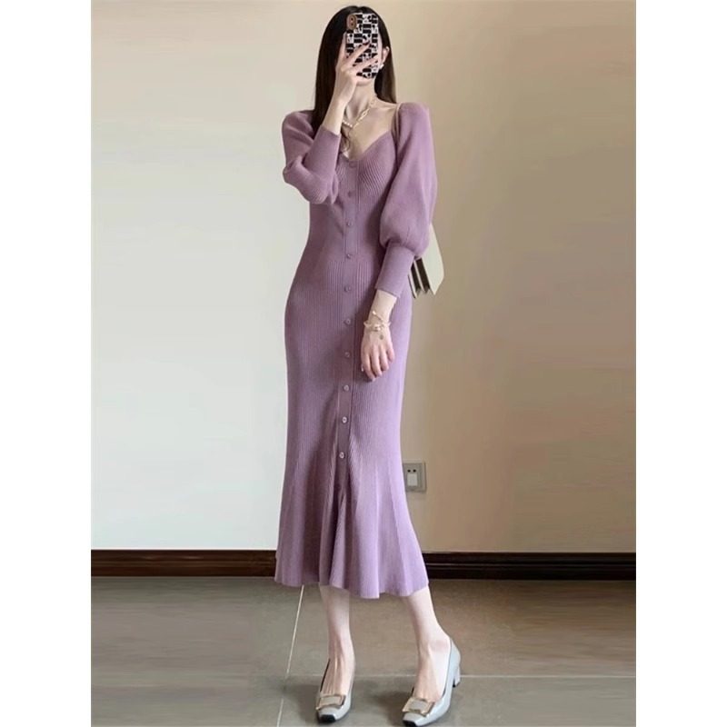 法式高级感鱼尾针织连衣裙女秋冬内搭修身气质紫色温柔淑女长裙,女装/女士精品,连衣裙,淘宝优惠券,粉丝福利购,淘宝优惠卷