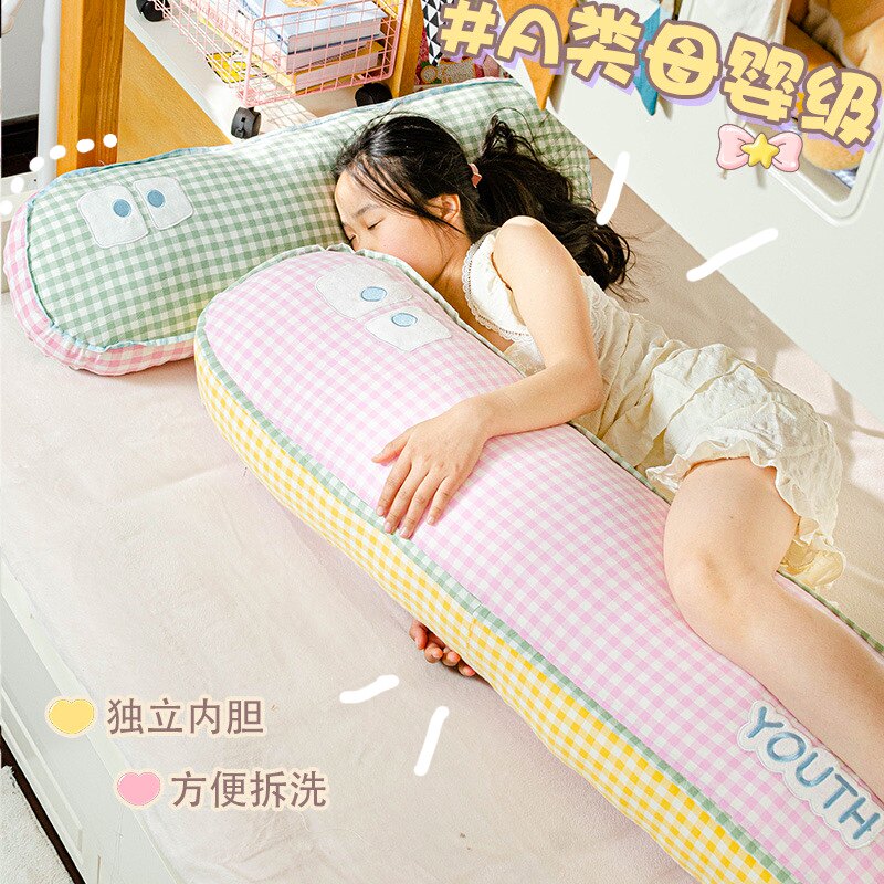 纯棉格子布长条抱枕女生睡觉专用靠垫/抱枕