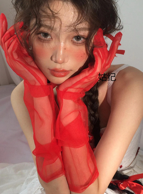 大红色网纱新娘礼服手套节日装扮