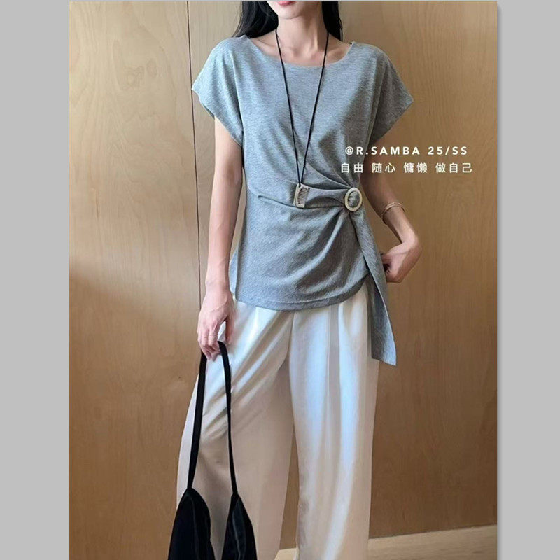 2025夏季新款韩版设计感小众收腰显瘦气质别致小衫短袖T恤女上衣