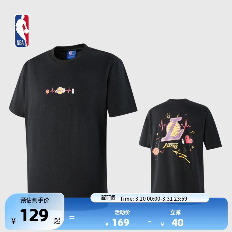 NBA球队文化系列 湖人队 春季运动休闲重磅宽松黑色T恤