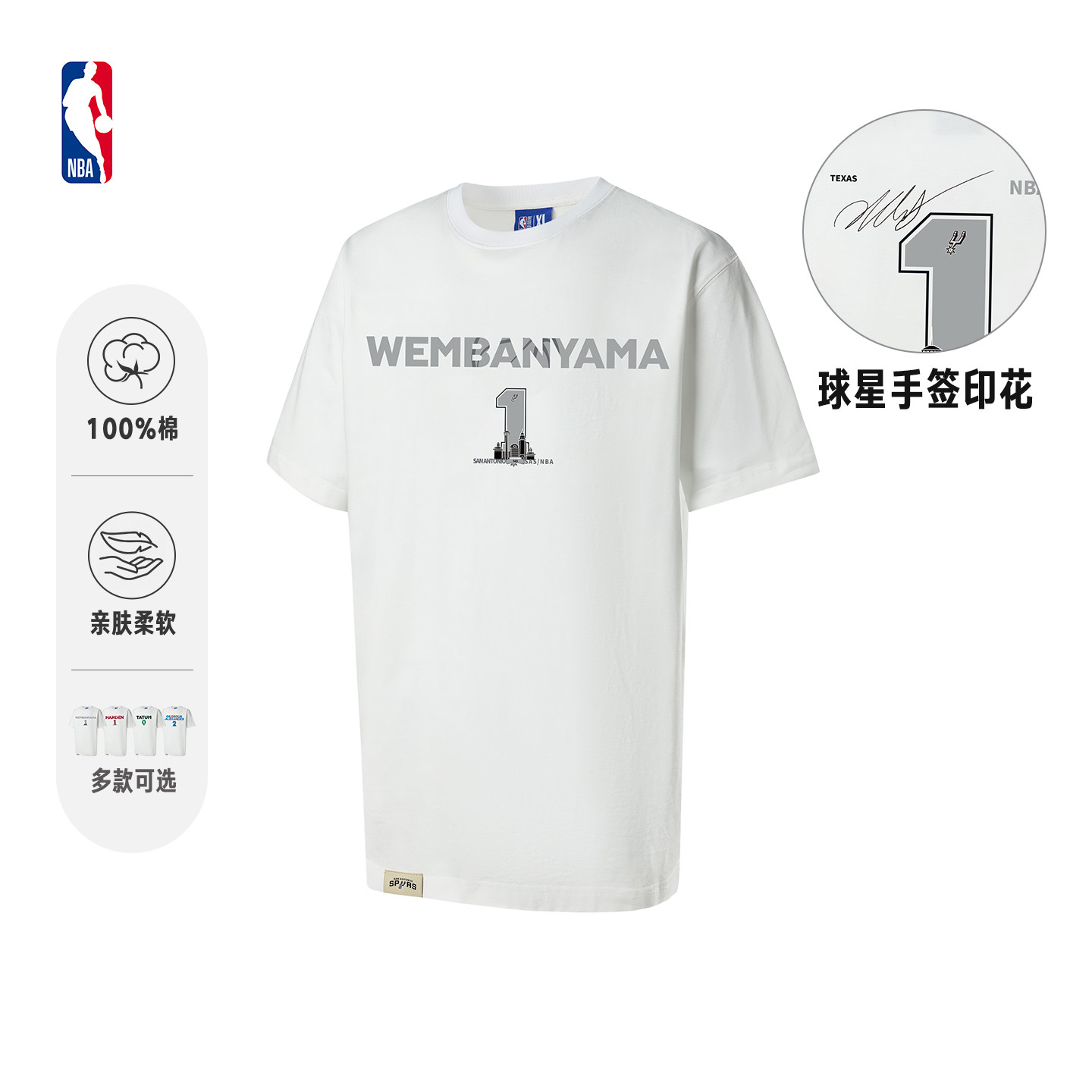 NBA官方26夏季新款文班亚马哈登纯棉透气薄款短袖T恤宽松百搭男女