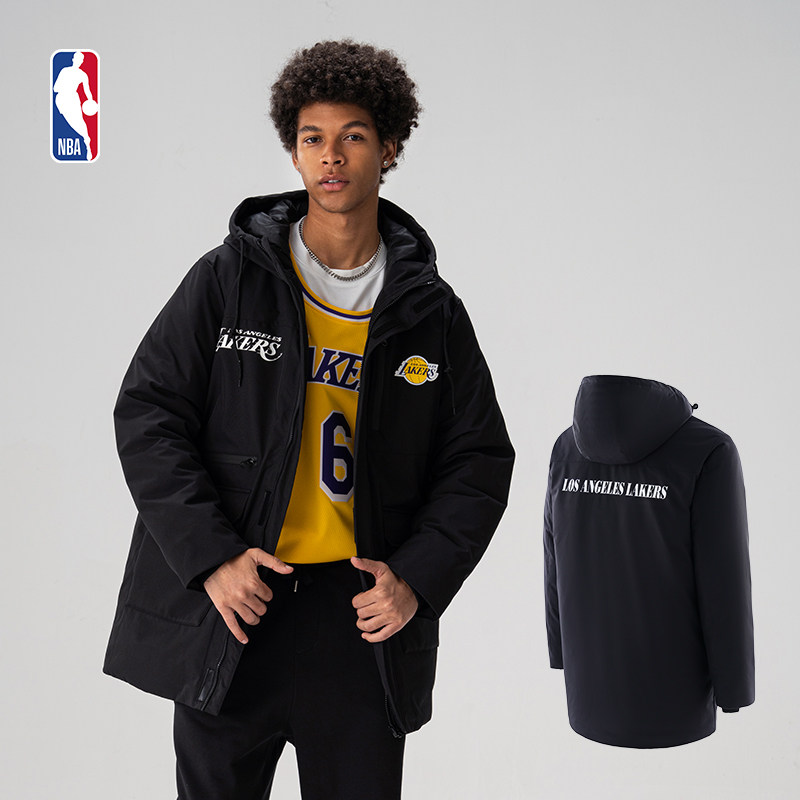 NBA官方湖人/勇士冬季男派克厚运动外套棉衣连帽工装夹克中长保暖