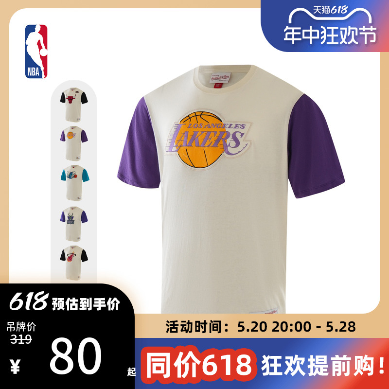 复古T恤刺绣大logo 湖人队 运动潮流短袖 NBA-Mitchellness 运动服/休闲服装 运动T恤 原图主图