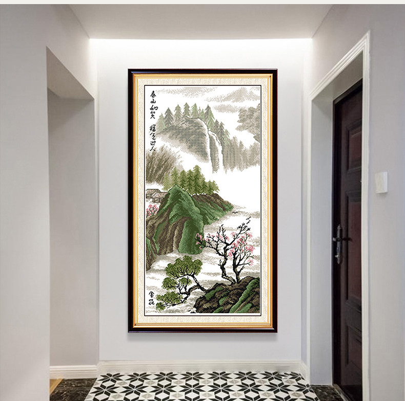 纯手工绣好的十字绣成品春山如笑竖版山水画风景新款小幅玄关挂画