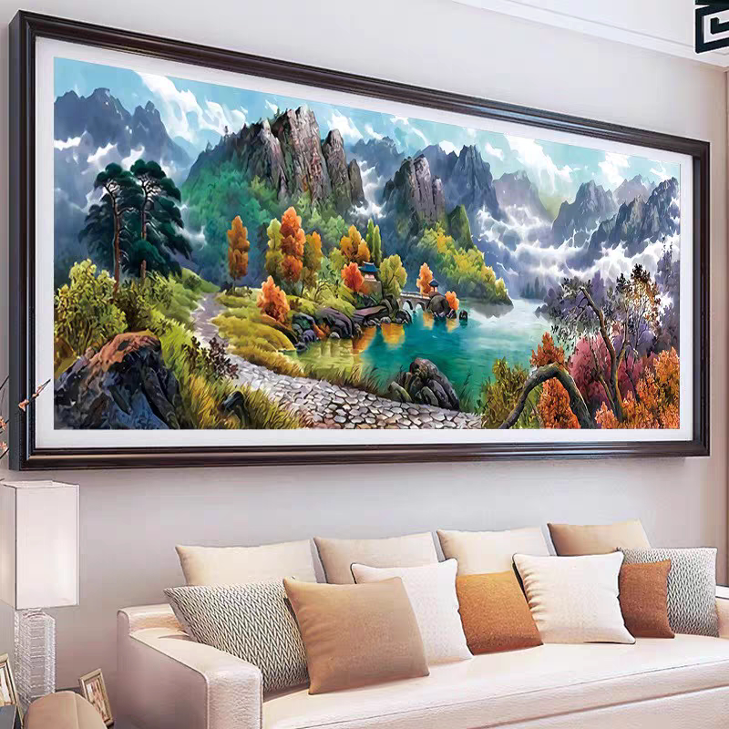 流水生财十字绣成品纯手工山水画