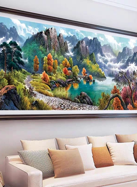 流水生财十字绣成品纯手工山水画
