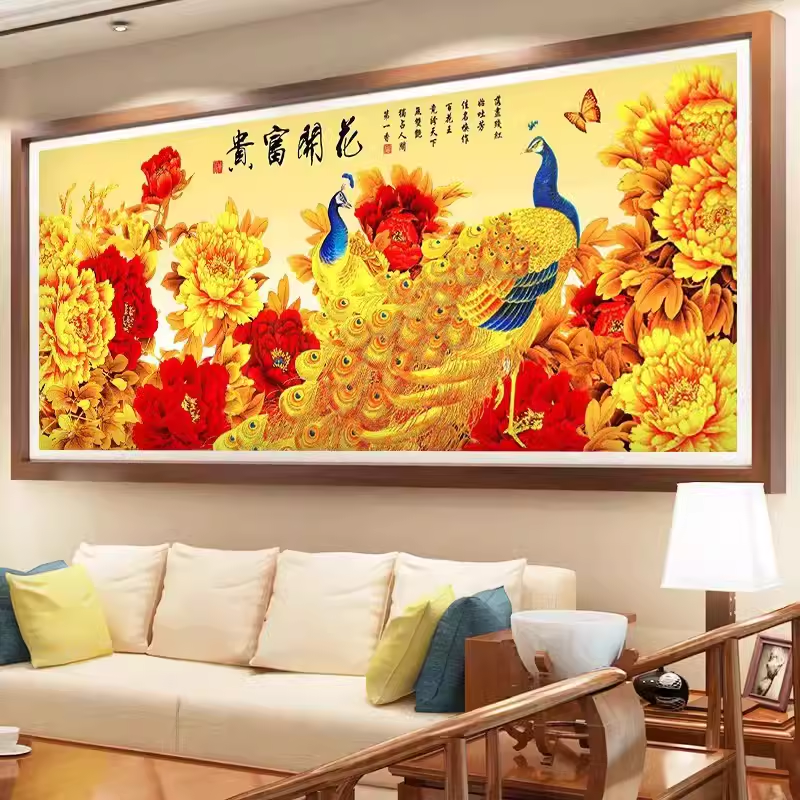 花开富贵十字绣成品金孔雀纯手工