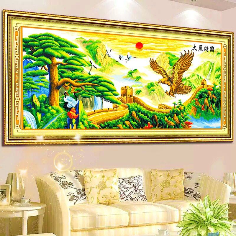 纯手工十字绣成品大展宏图迎客松大展鸿图新款万里长城老鹰版出售