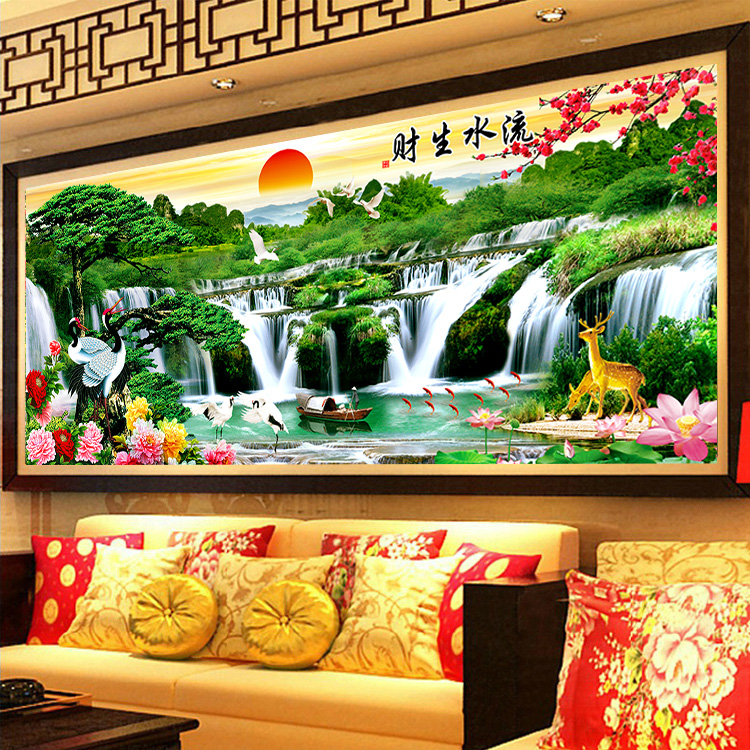 5d钻石画成品满钻新款流水生财迎客松客厅山水风景挂画大气十字绣