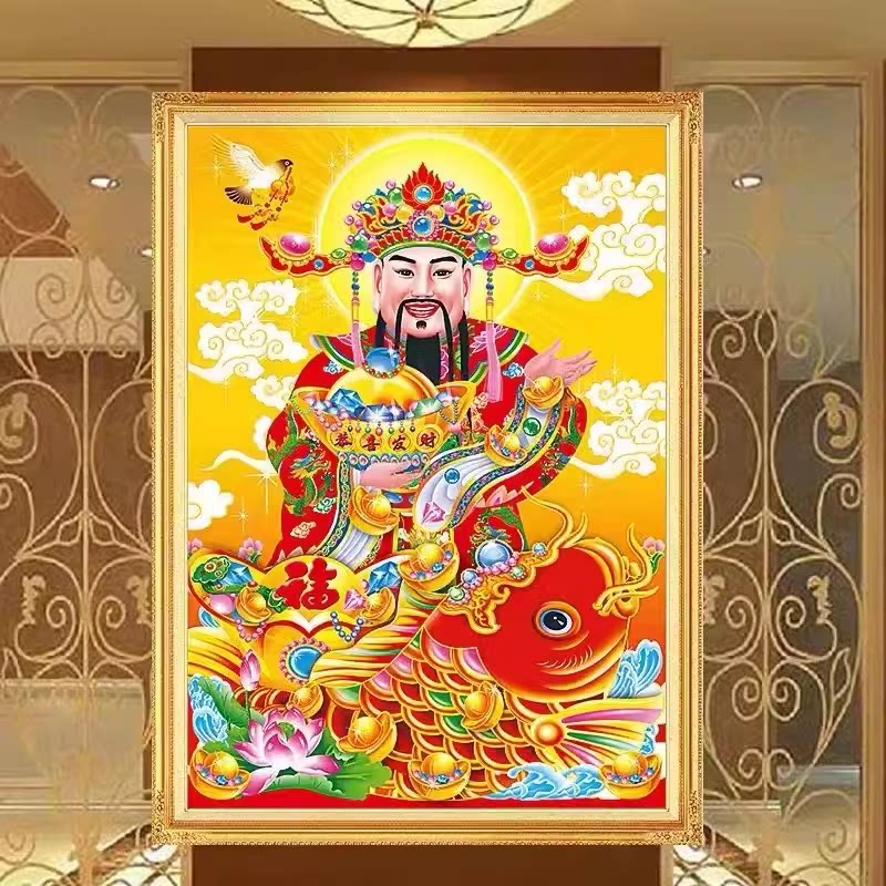 纯手工绣好的十字绣成品财神到财神爷恭喜发财客厅竖版玄关装饰画