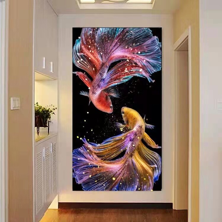 锦鲤鱼5D钻石画成品玄关竖版挂画