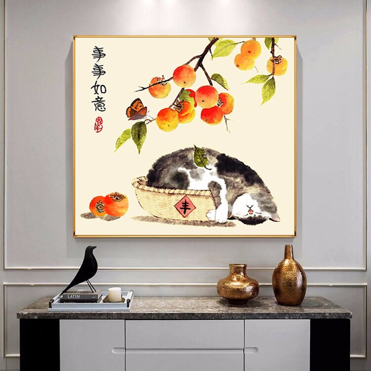 纯手工秀好的十字绣成品事事如意图招财猫咪小幅客厅餐厅装饰挂画