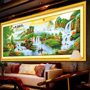 纯手工十字绣成品财源盛景财源滚滚山水风景旭日东升客厅风景挂画