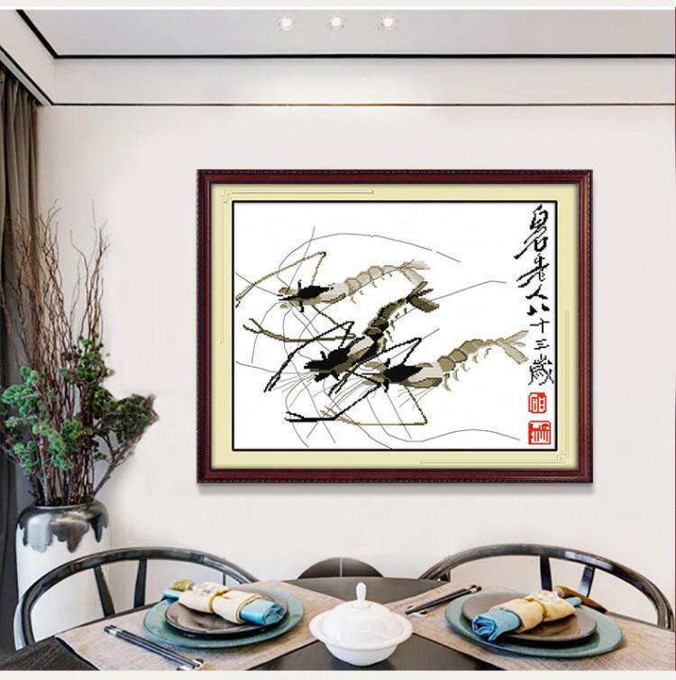 绣好的纯手工十字绣成品虾趣齐白石字画书房客厅装饰小幅挂画出售