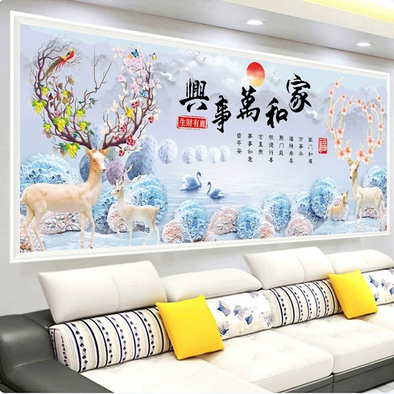 家和万事兴十字绣成品发财鹿麋鹿