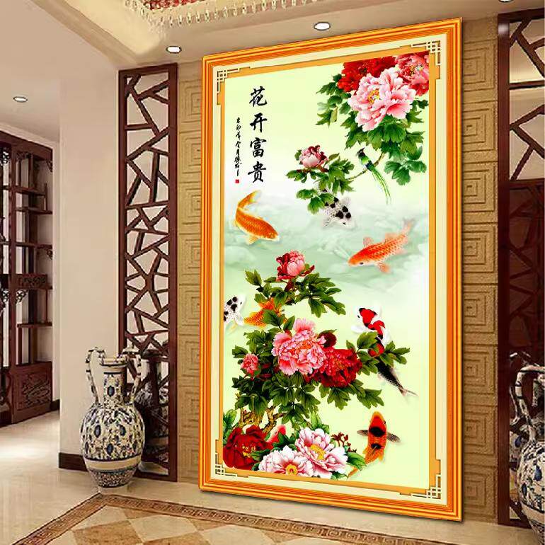 花开富贵十字绣成品九鱼图竖版画