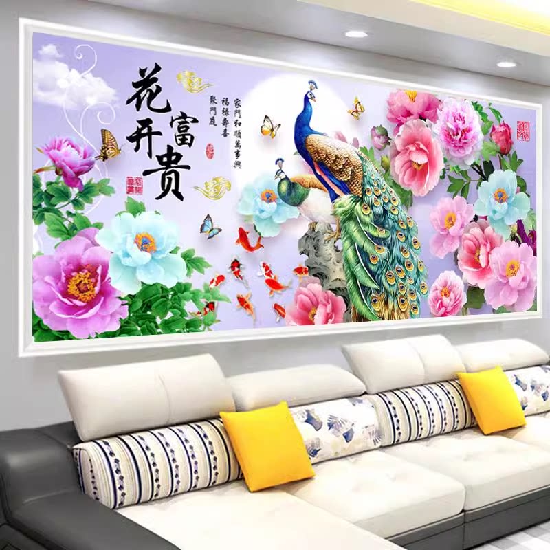 花开富贵十字绣成品纯手工孔雀图