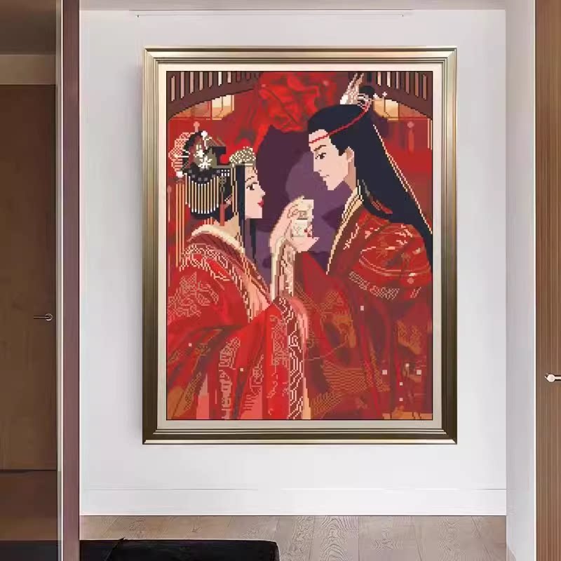 纯手工十字绣成品结婚拜堂百年好合金童玉女中式婚礼客厅卧室挂画