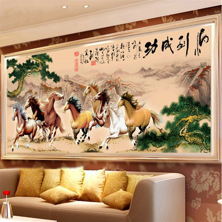 十字绣成品马到成功八骏图纯手工