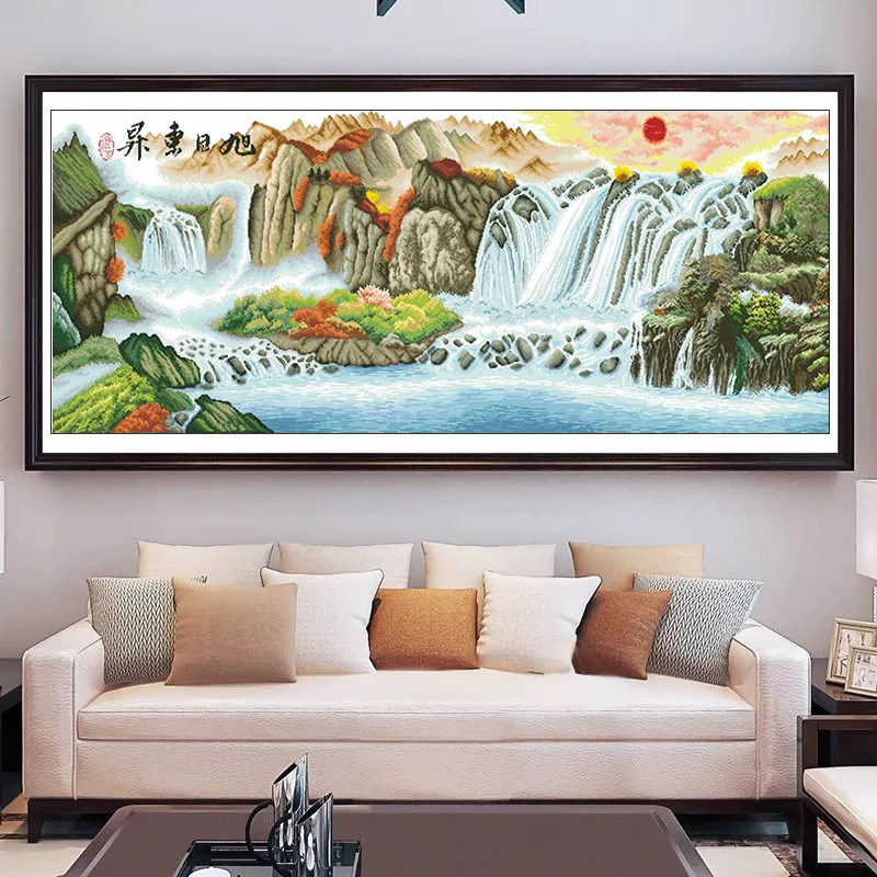 十字绣成品旭日东升流水生财挂画