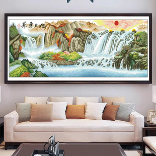 纯手工十字绣成品旭日东升流水生财石来运转客厅大幅山水风景挂画