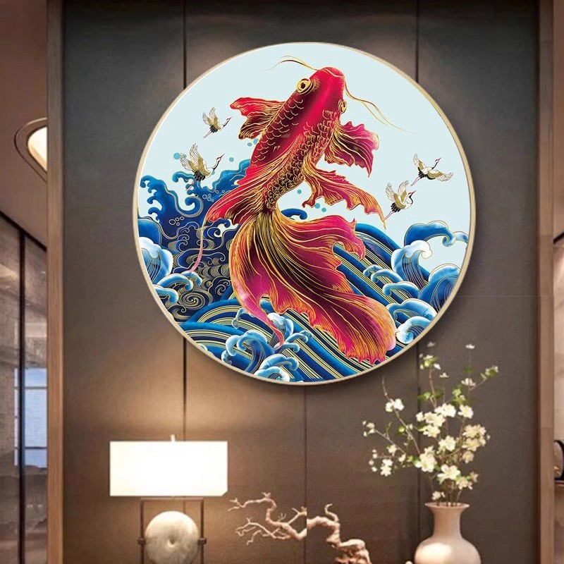 纯手工绣好的十字绣成品新款新中式圆形锦鲤戏水小幅餐厅卧室挂画
