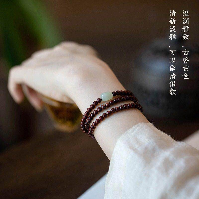 小叶紫檀4m纤细佛珠手錬简约和田玉古风小清新多圈檀木手串文艺女
