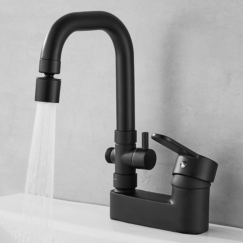 黑色双孔面盆冷热水龙头多功能洗脸盆台盆双用三通可接洗衣机龙头