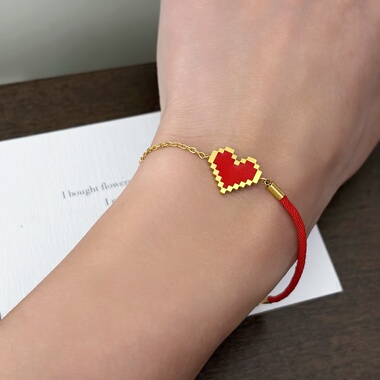 734钛钢新年喜庆马赛克拼豆红心红绳手链祝福礼物洗手不用摘金色
