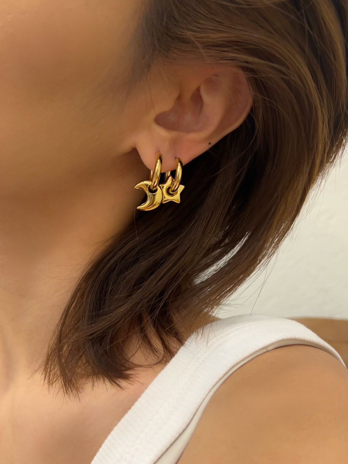 734号欧美圆形金属粗圈可拆卸少女星星月亮耳环双戴法气质耳饰新