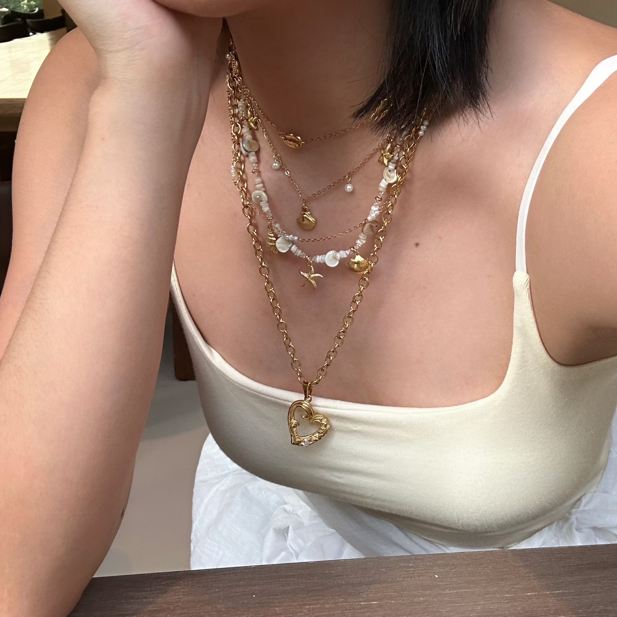 734钛钢贝壳沙滩度假法式复古夸张爱心毛衣链海星锁骨链叠搭项链