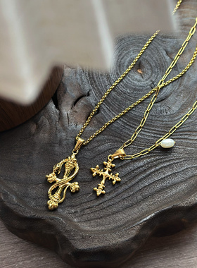 734钛钢不掉色夸张十字架毛衣链重工复古蛇权杖吊坠做旧金色项链