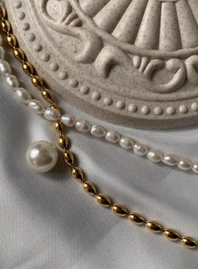 734钛钢天然珍珠法式风椭圆珠链拼接颈链项链女法式锁骨链