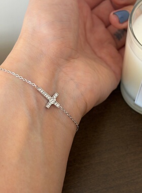 734钛钢不掉色可洗澡亮晶晶白金色十字架爱心手链